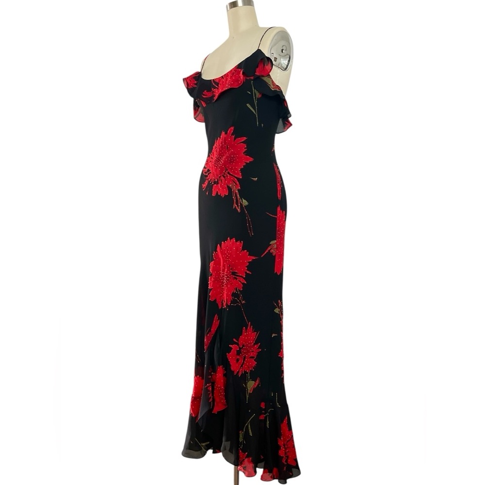 NWT!!! Y2K Sz 0 XS Cache Maxi Slip Dress Black Red Floral Beaded Fairy Ruffles - Picture 3 of 15